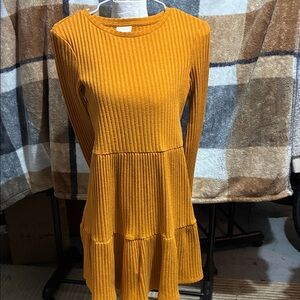 VILA Long Sleeve Ribbed Dress in Mustard